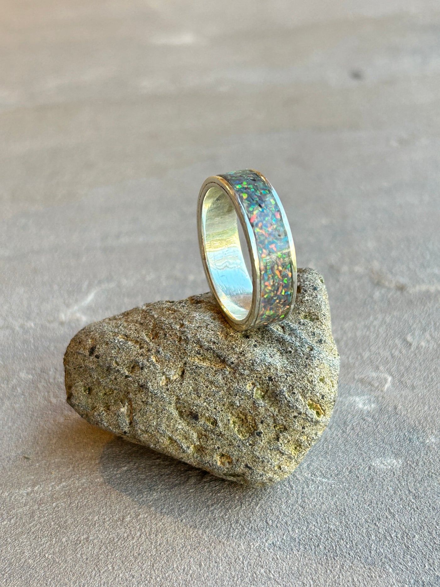 Opal Inlay Medium Silver Band - size R