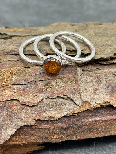 Trio Bundle - Amber cabochon ring & two stacking bands