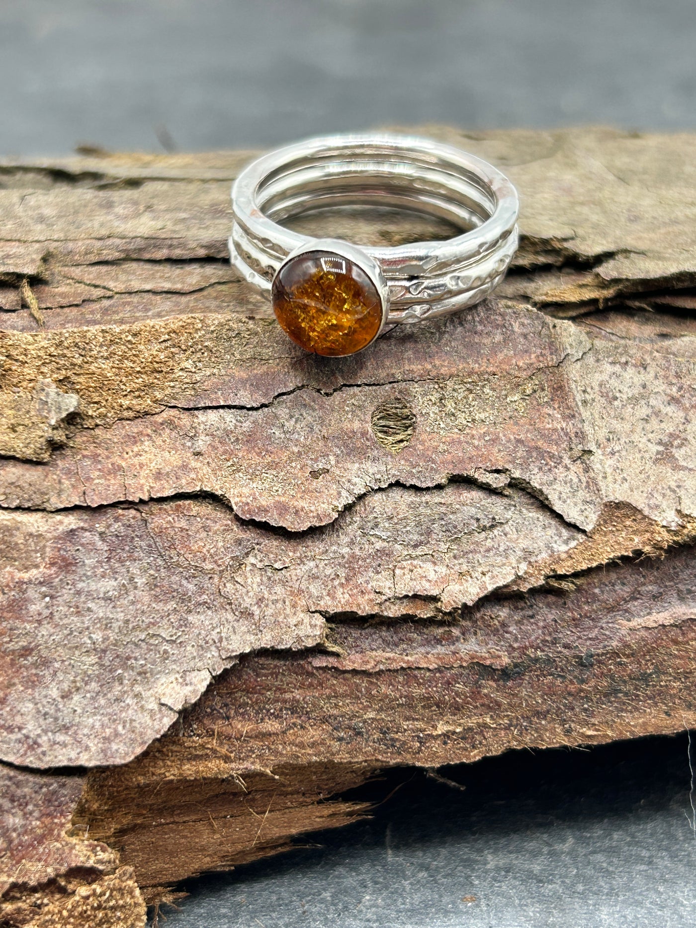Trio Bundle - Amber cabochon ring & two stacking bands