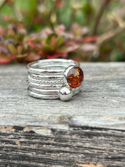 Amber, Ball and Beaded Stacking Ring Bundle - LaVidaLoca Jewellery
