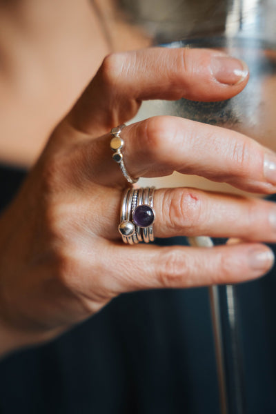 Amethyst, Ball and Beaded Stacking Ring Bundle - LaVidaLoca Jewellery