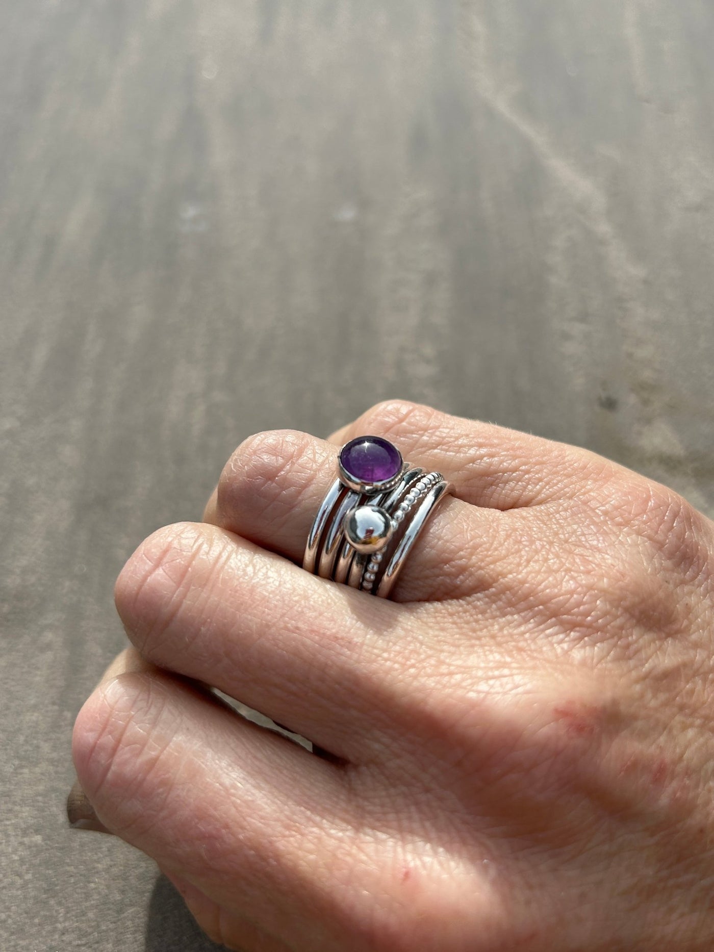Amethyst, Ball and Beaded Stacking Ring Bundle - LaVidaLoca Jewellery