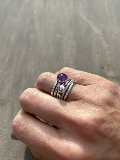 Amethyst, Ball and Beaded Stacking Ring Bundle - LaVidaLoca Jewellery