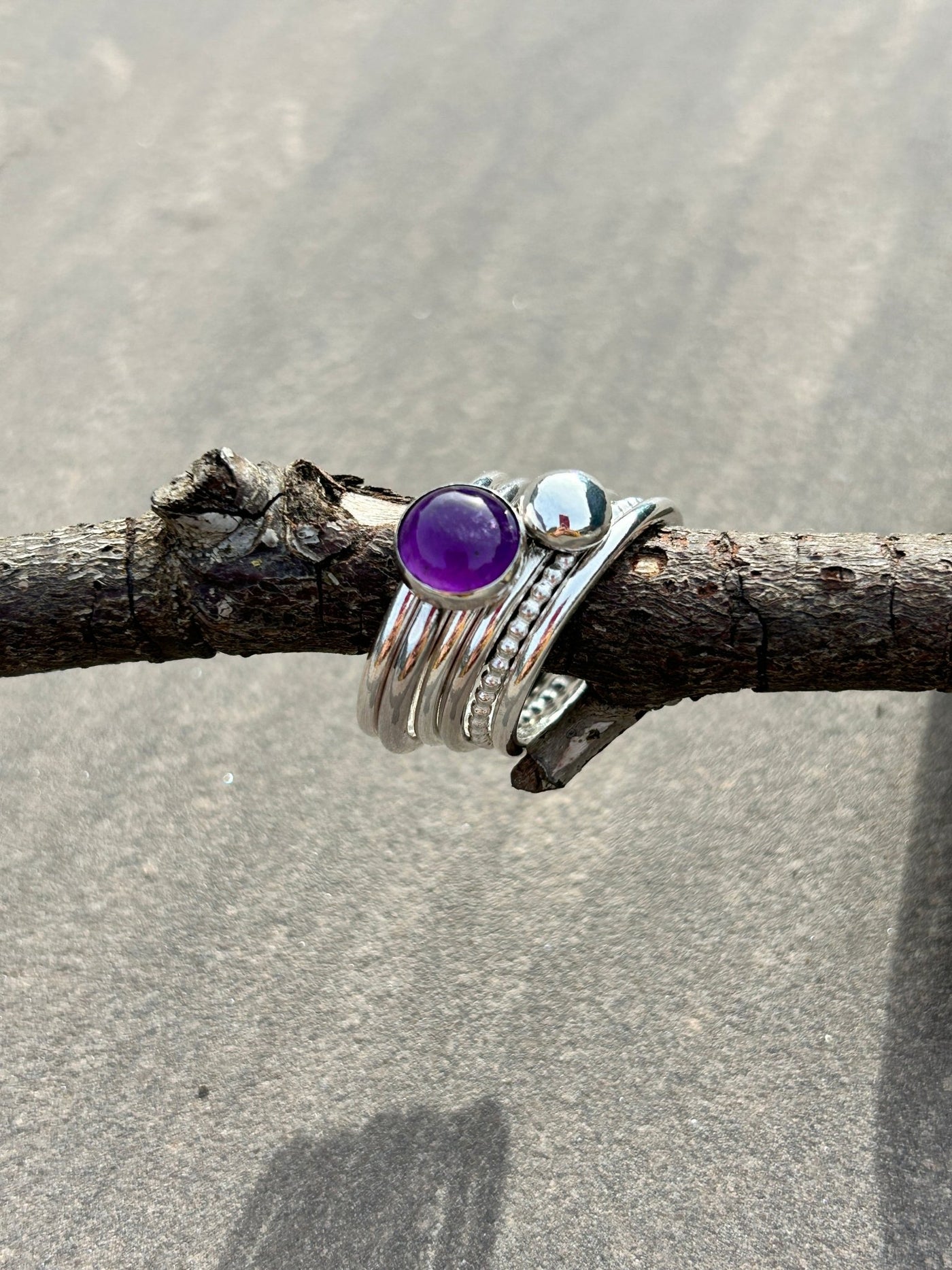 Amethyst, Ball and Beaded Stacking Ring Bundle - LaVidaLoca Jewellery