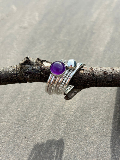 Amethyst, Ball and Beaded Stacking Ring Bundle - LaVidaLoca Jewellery