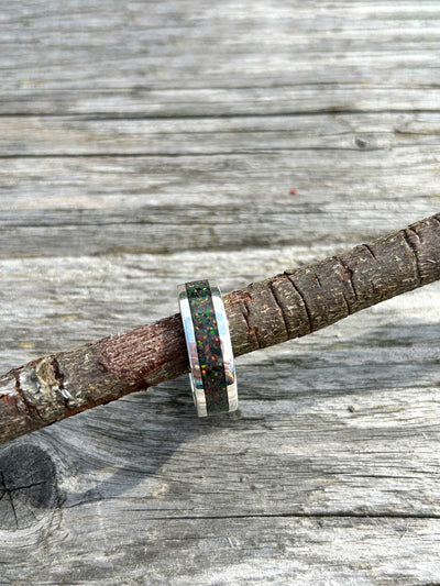 Crushed opal wider railed inlay band ring LaVidaLoca Jewellery