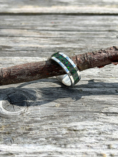 Crushed opal wider railed inlay band ring LaVidaLoca Jewellery
