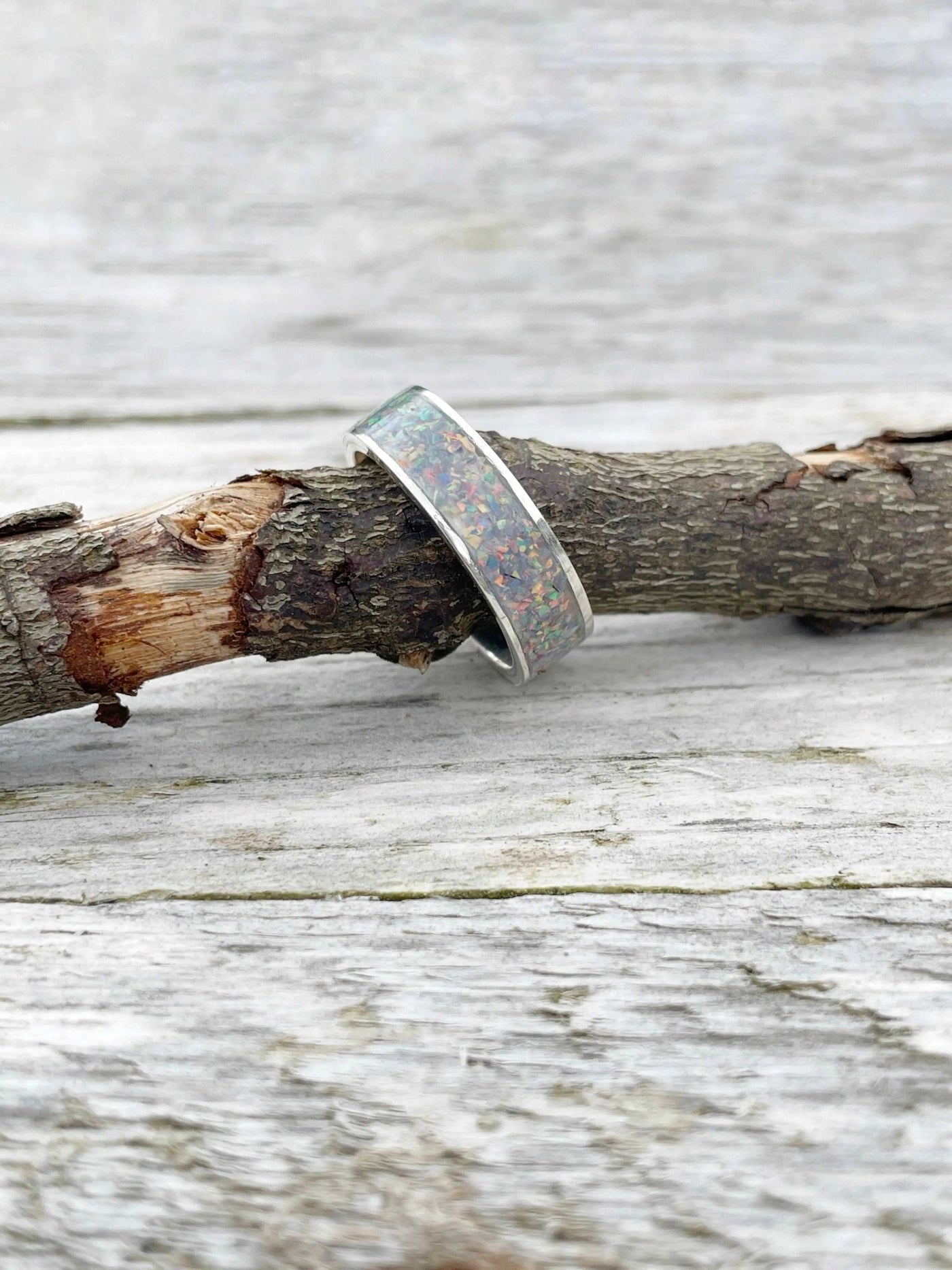 Crushed opal inlay band ring LaVidaLoca