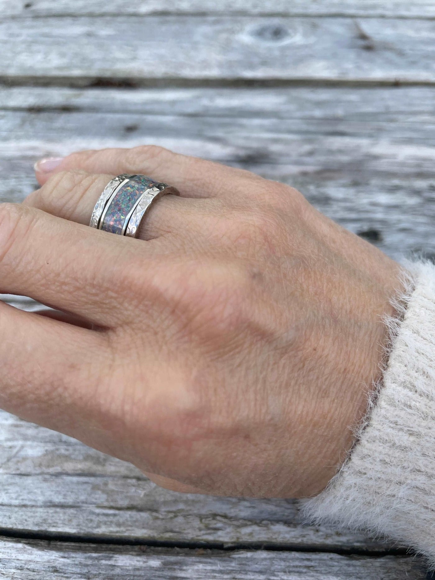 Crushed opal inlay band ring LaVidaLoca