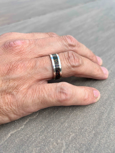 Crushed opal wider railed inlay band ring LaVidaLoca Jewellery