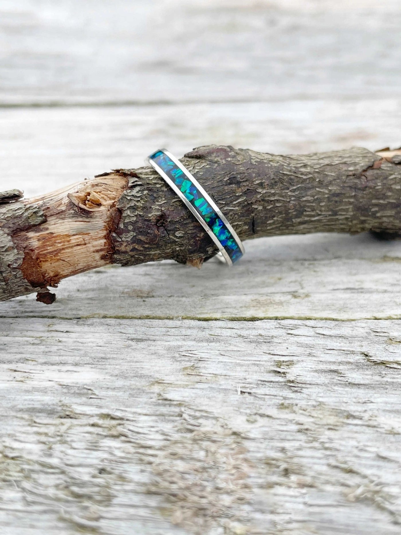 Crushed Opal slim inlay band ring in sterling silver by LaVidaLoca Jewellery