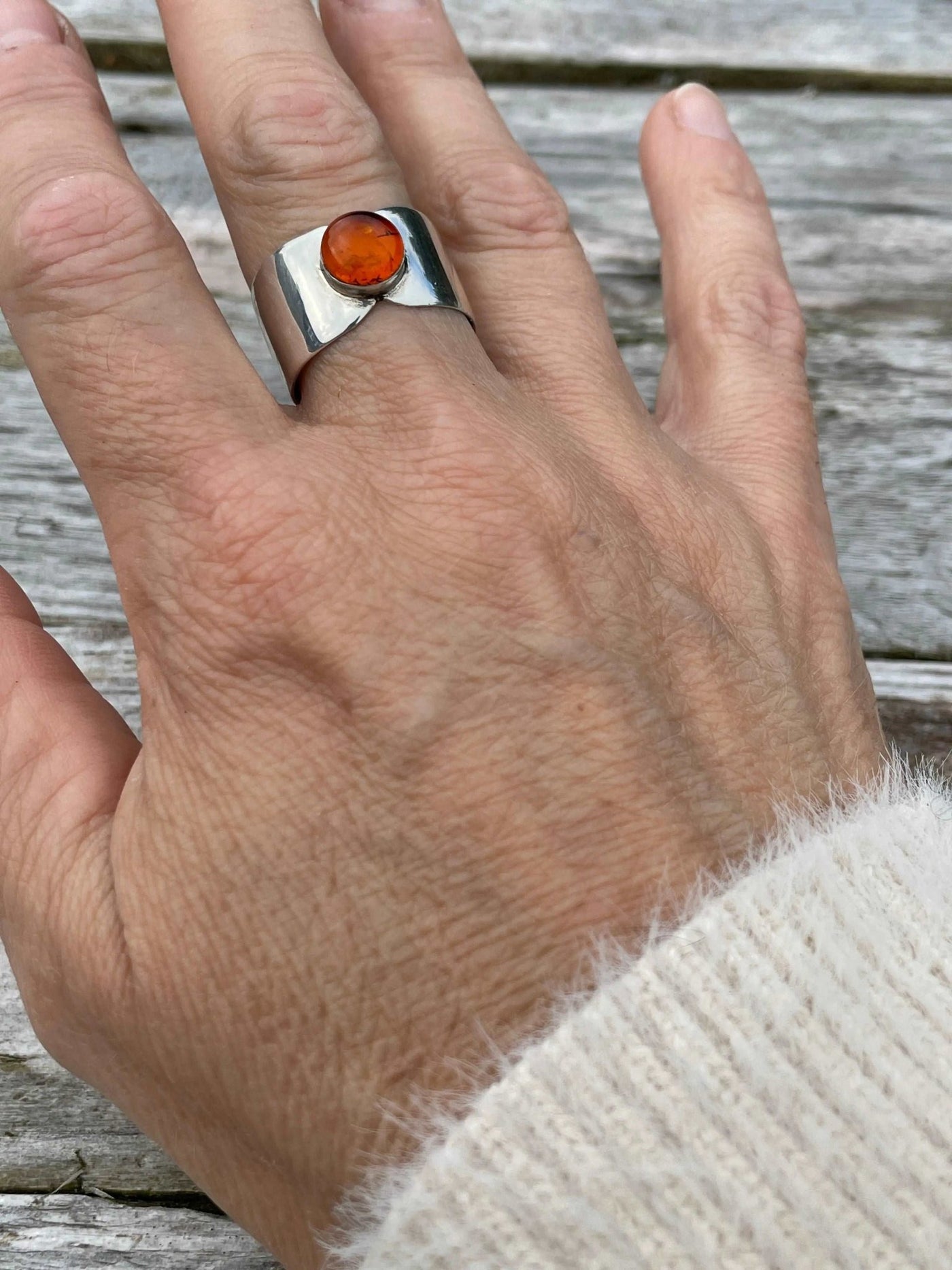 Wide ring with Amber cabochon - LaVidaLoca Jewellery